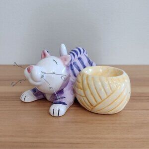 Vintage 2002 Cartoon Ceramic Cat Tea Light Holder Wire Whiskers Purple Striped